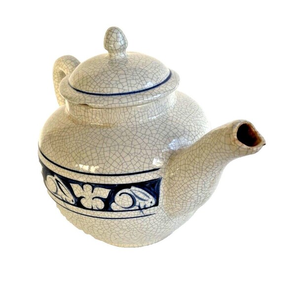 DEDHAM POTTERY The Potting Shed Rabbit Teapot Hand Painted Blue USA Vintage - Picture 5 of 7
